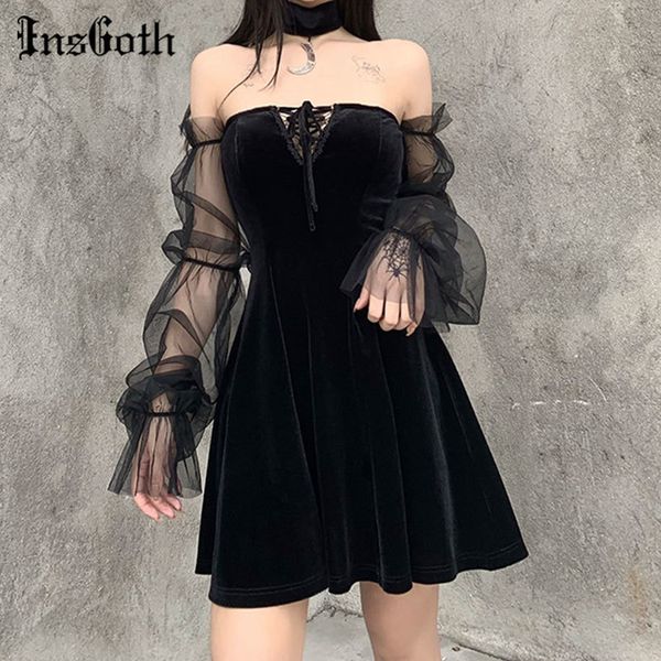 

insgoth gothic vintage lace up black dress goth aesthetic mesh long sleeve mini dress women harajuku high waist party dress y0118, Black;gray