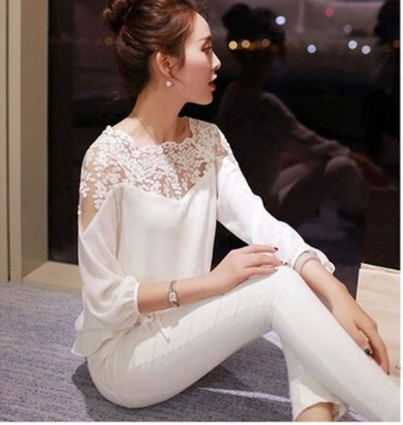 

сыпучее лоскутное шифон рубашка-4 рукава сладкого выдолбленный сыпучих top lacelace lacepatchwork шифона рубашка 7 4 рукава сладких кружев в, White