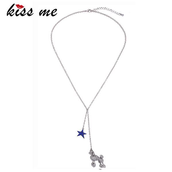 

pendant necklaces kiss me antique silver color long necklace blue star dog rhinestone women jewelry