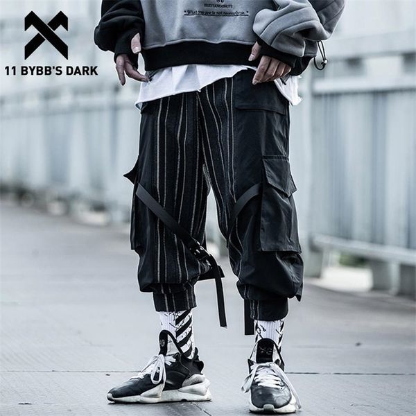 

11 bybb's dark stripe ribbon multi pockets cargo pants men casual hip hop streetwear harajuku joggers trousers men 201110, Black