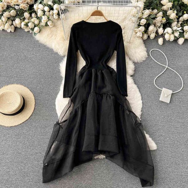 

chic vintage dress woman spring solid square collarknit stitching mesh fake two pieces irregular puffy dresses, Black;gray