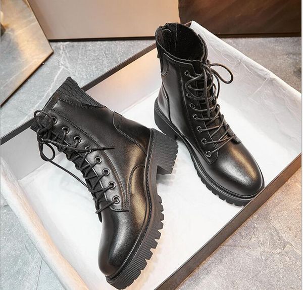 

autumn and winter boots women british style thick heel mid-tube short boots female rear zipper leather women's shoes, Black