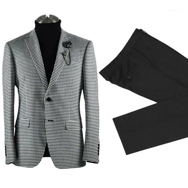 

2 piece plaid suits for men notched lapel custom checkered boyfriend wedding groom tuxedos man fashion clothes set jacket pants1, White;black