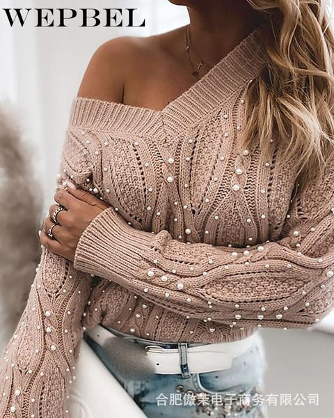 

wepbel autumn winter long-sleeved off-shoulder loose pullovers sweater women's solid color v-neck beading knitted sweater, White;black