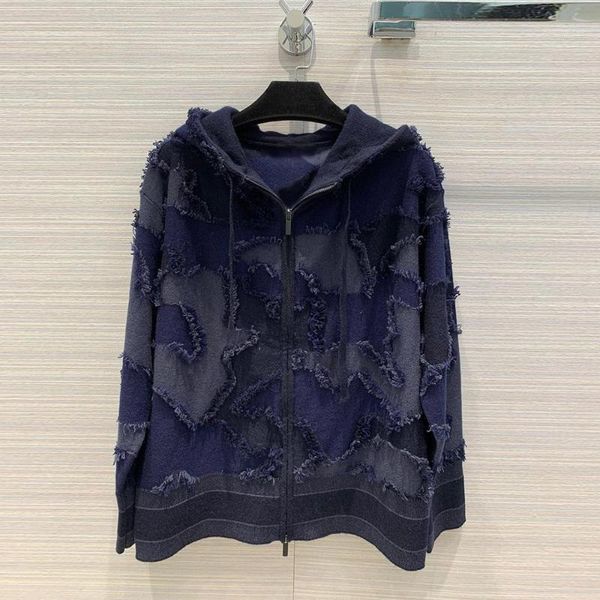 

100% cashmere blue camouflage patchwork tassel retro hooded jumper zipper jacket women high-end streetwear knitted sweater1, White