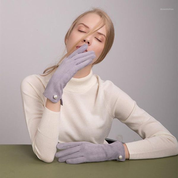 

pearl gloves ladies autumn and winter touch screen plus velvet warm suede cute student gloves driving thickening anti-e441, Blue;gray