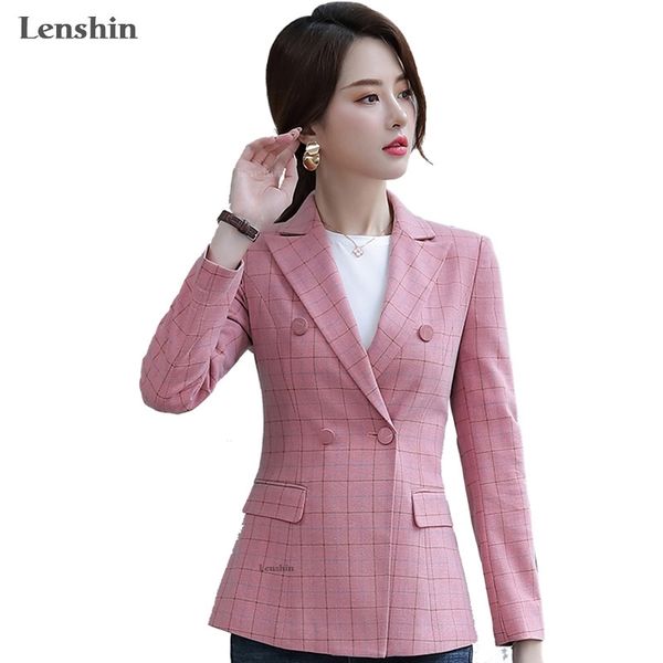 

lenshin soft and comfortable pink plaid jacket with pocket office lady casual style blazer women wear double-breasted coat y201026, White;black