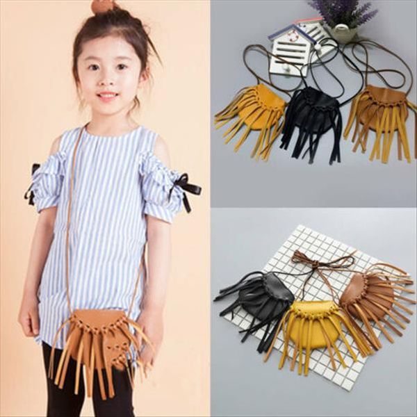 

kids girls school lovely bag pu leather tassel small shoulder messenger bag purses yellow