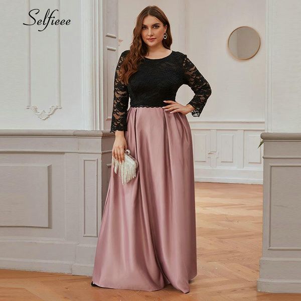 

plus size women dress a-line o-neck full sleeve sequined pleated satin dress ladies elegant lace maxi party femme robe, Black;gray