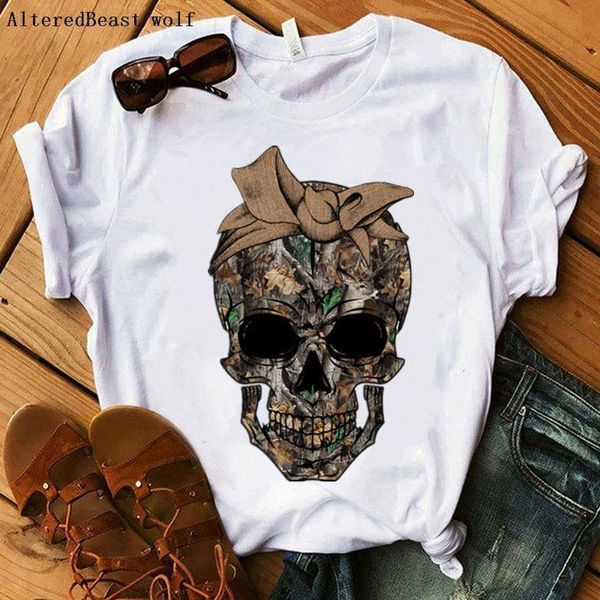 

летний камуфляжный череп футболки женские harajuku leopard bandana печатная мама футболка мама забавная с коротким рукавом футболка женская, White