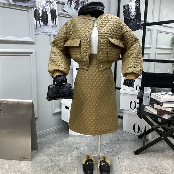 

ewq]2020 winter thickened minimalist stand collar long-sleeved women short jackets cotton padded clothes+mid-calf skirt 8d4591, Gray