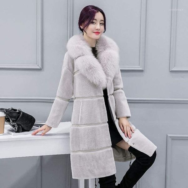 

mid-length sheep sheared fur coat women 2021 korean style winter spliced fur outwear faux collar pocket coat female b201, Black