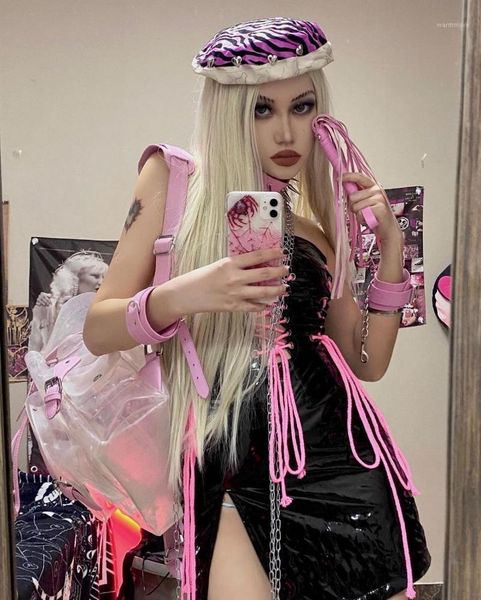 

ruibbit girl rock new arrival japanese gothic girl punk pink berets hat harajuku woman casual caps chain rivet fashion hats1, Blue;gray