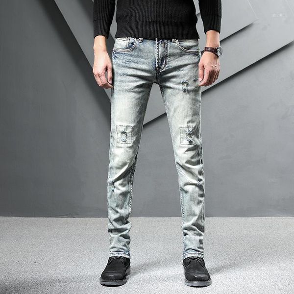 

men's jeans european american style cotton distressed casual retro ripped men stretch slim denim mens1, Blue