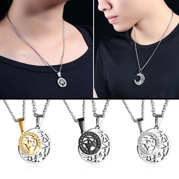 

romantic hollow out sun & moon crystal rhinestone pendant couples necklace for lovers valentine's day gift xin-shipping, Silver