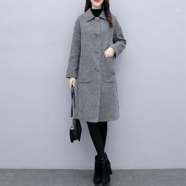 

2021 new spring autumn women straight slim wool coat gray korean style female long woolen jacket outwear1, Black