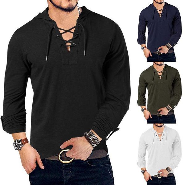

men's t-shirts fashion hooded tee long sleeve cotton henley t-shirt medieval lace up v neck outdoor loose casual, White;black