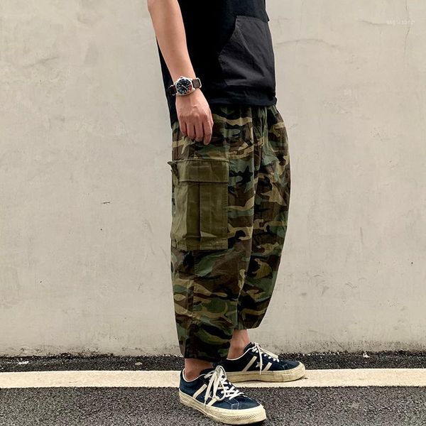 

multi-pocket camouflage cargo pants men's safari style ankle-length trousers streetwear elastic waist baggy pants men1, Black