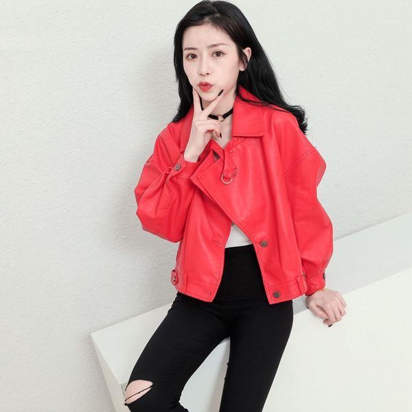 

fashion loose women faux leather jacket solid office lady womens jackets and coats turn-down collar motorcycle overcoat1, Black