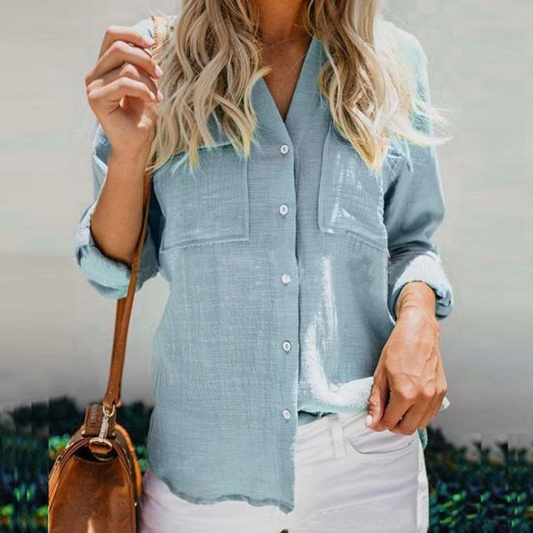 

classic retro shirt for women cotton and linen solid shirts fashion casual long sleeved lapel blouse with pockets, White