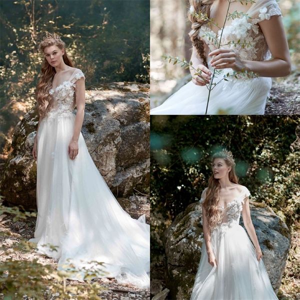 

beach wedding dresses v neck sleeveless appliqued lace bridal gowns boho sweep train plus size vestido de novia, White