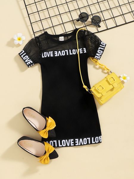 

toddler girls letter tape fishnet insert puff sleeve dress she, Red;yellow