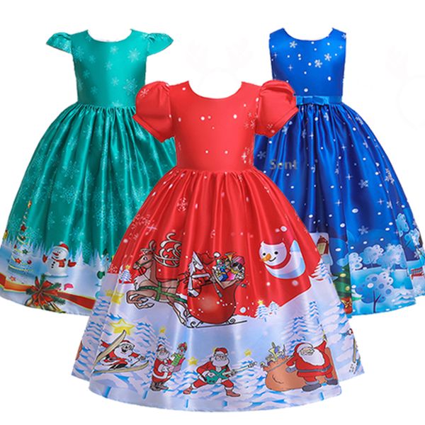 

new newclaus santa party kids christmas girl snowman princess print dresses elegant tutu dress children clothing 4-14 year 9