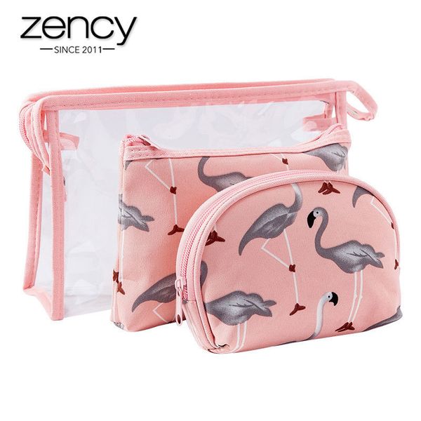 

zency flamingo prints lady cosmetic storage bag set pvc waterproof transparent makeup bags three-piece travel wash bag pink lj200917