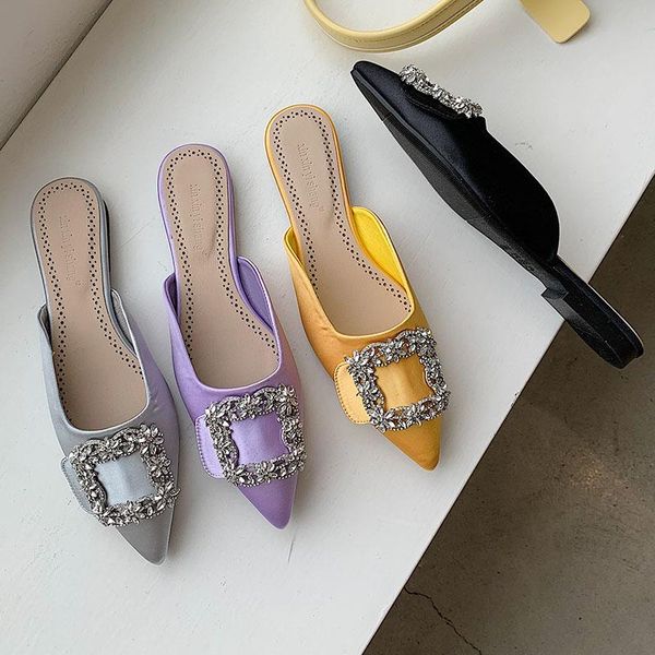

slippers luxury women slip on mules shoes for 2021slides brand crystal lady buckle pointed toe sandal flat heel dress, Black