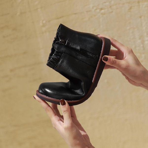 

genuine leather party working boots motorcycle boots woman flat platform heels ankle autumn winter zipper shoes woman, Black
