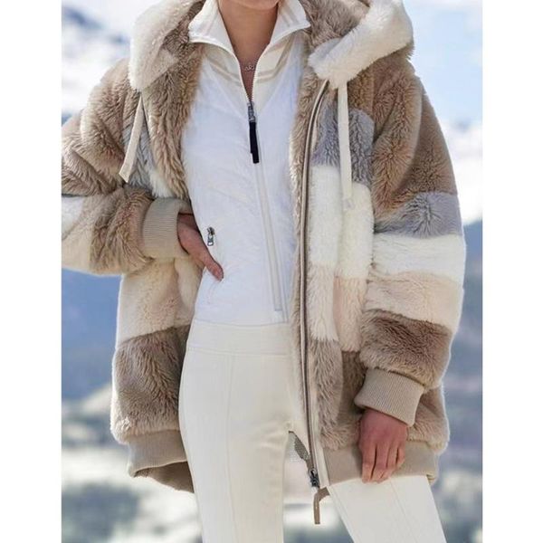 

missme fur coat color block hooded coat women lace up zipper open stitch fleece fur 5xl casual winter clothes streetwear, Black