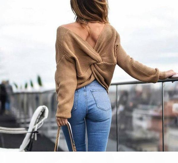 

2017 women v neck twisted back jumpers backless cross long sleeve knitted pullovers sweaters pull femme, White;black