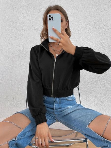 

shirred zip front crop jacket h12y#, Black;brown