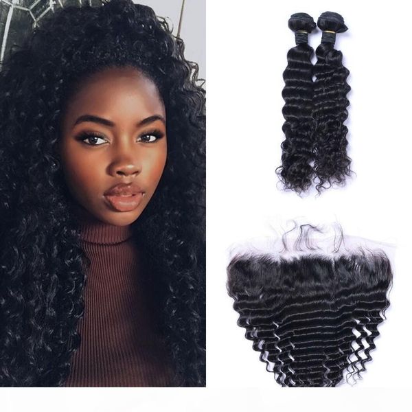 

unprocessed deep wave virgin hair brazilian human hair 2 bundles with lace frontal closure ear to ear, Black;brown