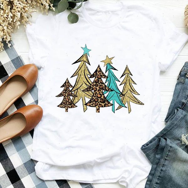 

women lady short sleeve tree leopard fashion autumn winter merry christmas tshirt female graphic clothes shirt t tee t shirt, White