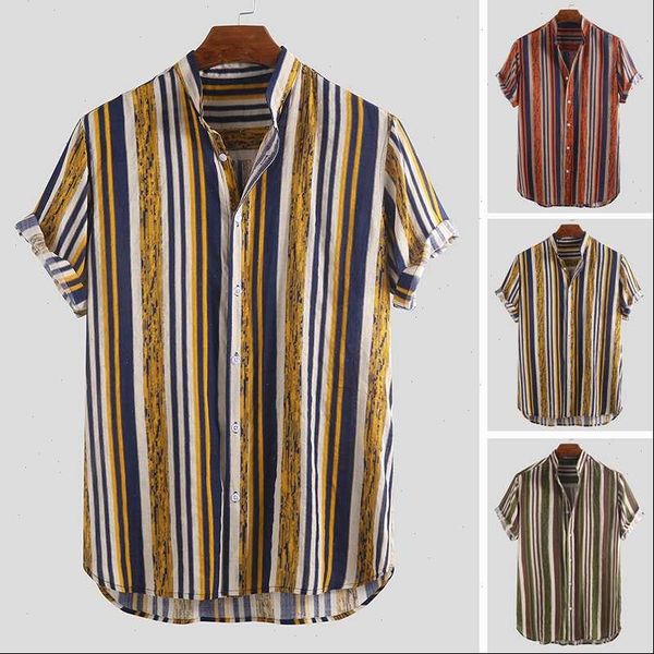 

2021 ethnic style summer striped new short sleeved print hip hop street men stand collar shirt button casual fashion camisas 5xl, White;black
