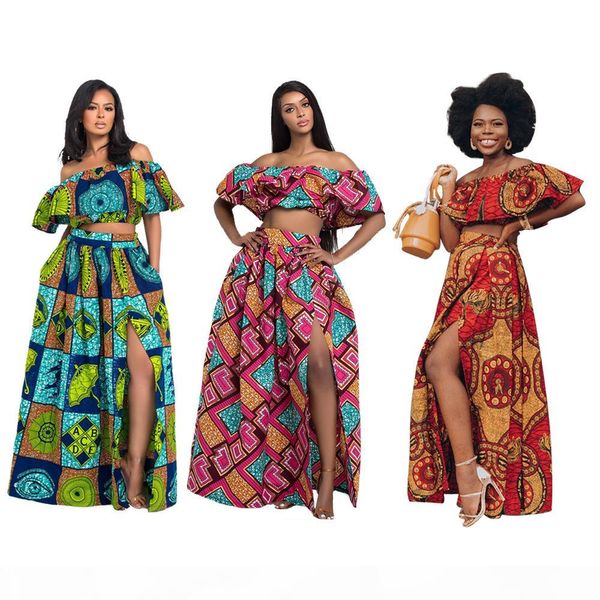 

women african printed long two piece skirt set nigerian casual party dress night club off shoulder dresses maxi summer dress sets, White