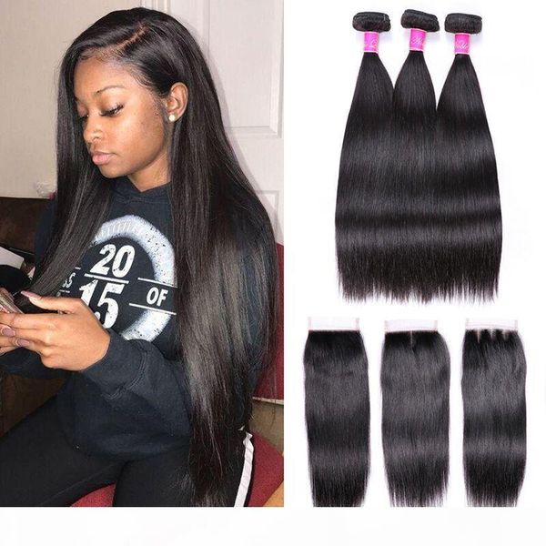

abijale straight hair bundles with closure brazilian hair weave bundles with closure human hair bundles with closure remy, Black;brown