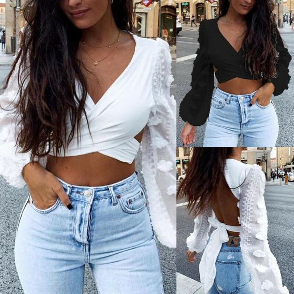 

2021 women blouse deep v neck shirt ladies clothes backless mesh ruffle long sleeve shirt bandage casual blouse shirts, White