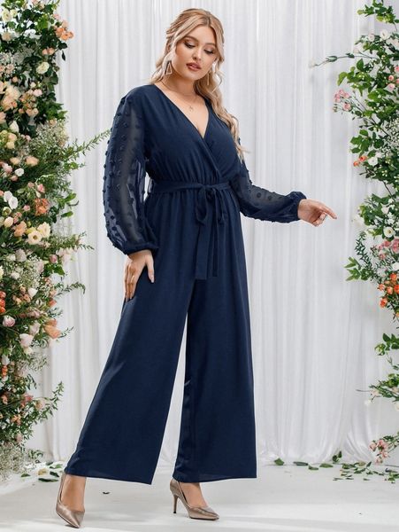 

plus swiss dot lantern sleeve belted wide leg jumpsuit 753q#, Black