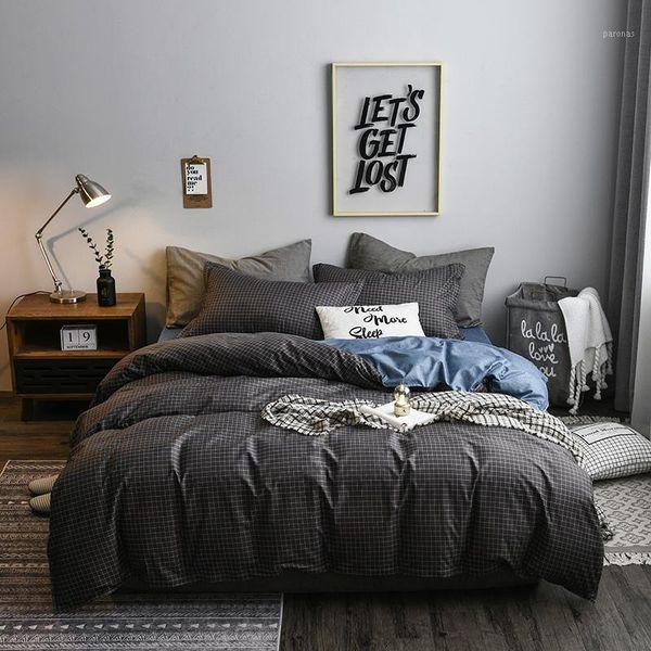

bedding sets gray plaid set cotton solid color brife modern bed comforter  king size 4pcs duvet cover sheet set1