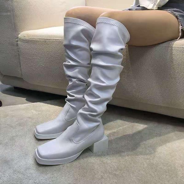 

women's black white knee high boots pull on high heels shoes square toe c91