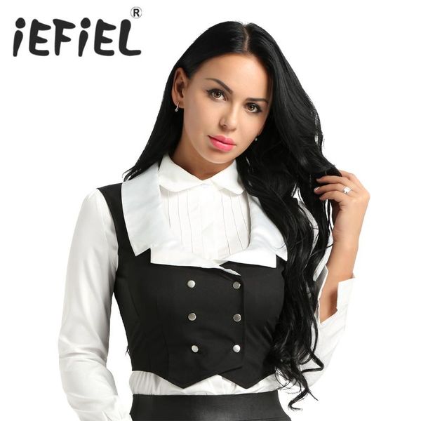 

women's vests arrival women fashion turn-down collar sleeveless double breasted vest separate waistcoat crop formal for party, Black;white