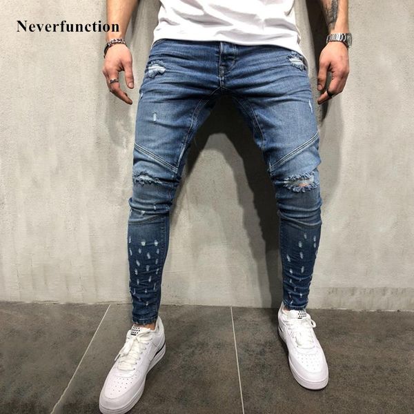 

streetwear hip hop men blue knee ripped skinny jeans male destroyed stretch cotton motorcycle joggers denim pants plus size xxxl