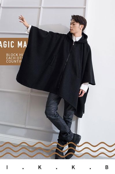 

new youth autumn and winter tide men's coat loose personality cape cape long coat tweed thick wool1, Black
