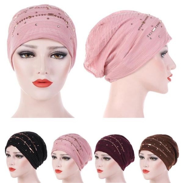 

beanie/skull caps 1pc solid fashion women beading india hat islamic lace turban elastic muslim chemo cap headwrap soft sleeping beanie, Blue;gray