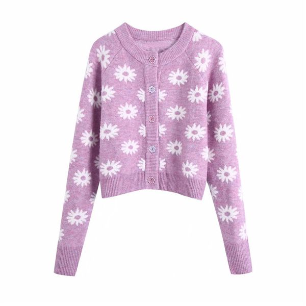 

2021 new pink floral cropped knitted cardigan women autumn o neck long sleeve flower shaped buttons kawaii ladies sweater hdsj, White;black