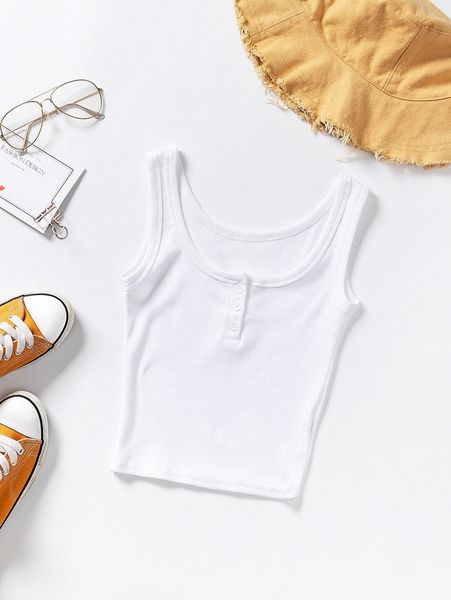 

button front solid fitted tank j5tm#, White