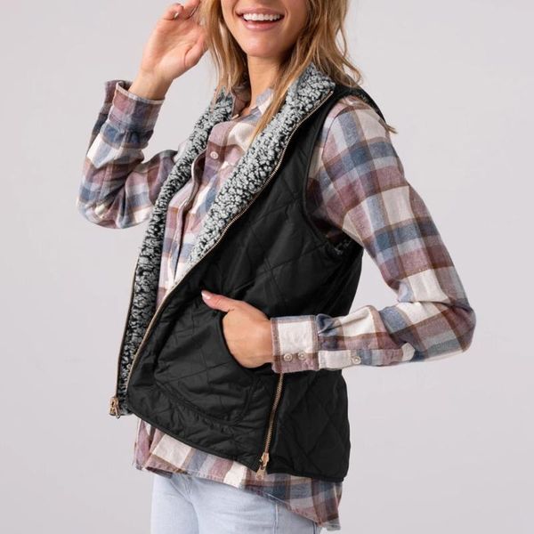 

women casual coat solid sleeveless vest outerwear plush zipper pocket reversible vest warm winter jacket slim coat #904, Black;white