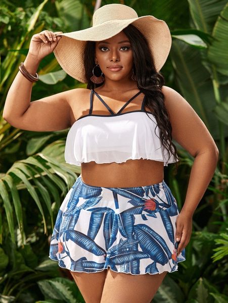 

plus plant print ruffle detail bikini swimsuit b9af#, Black